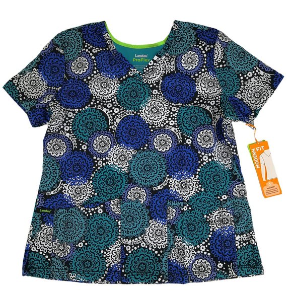 Landau Scrub Top 4163-DBPSL Dancing Lace Black - Picture 1 of 11